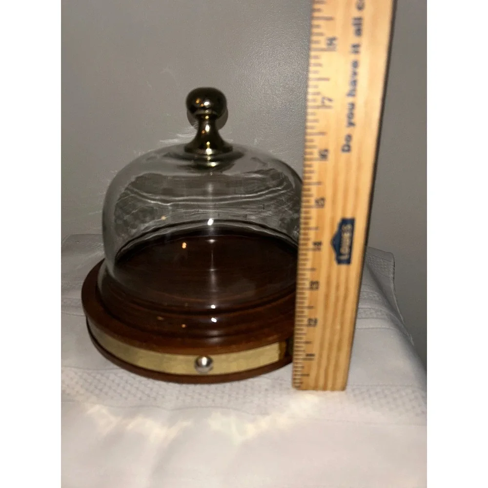 Glass Cloche Dome with Wood Base Brass Hammered Trim Small Cake Cheese Stand